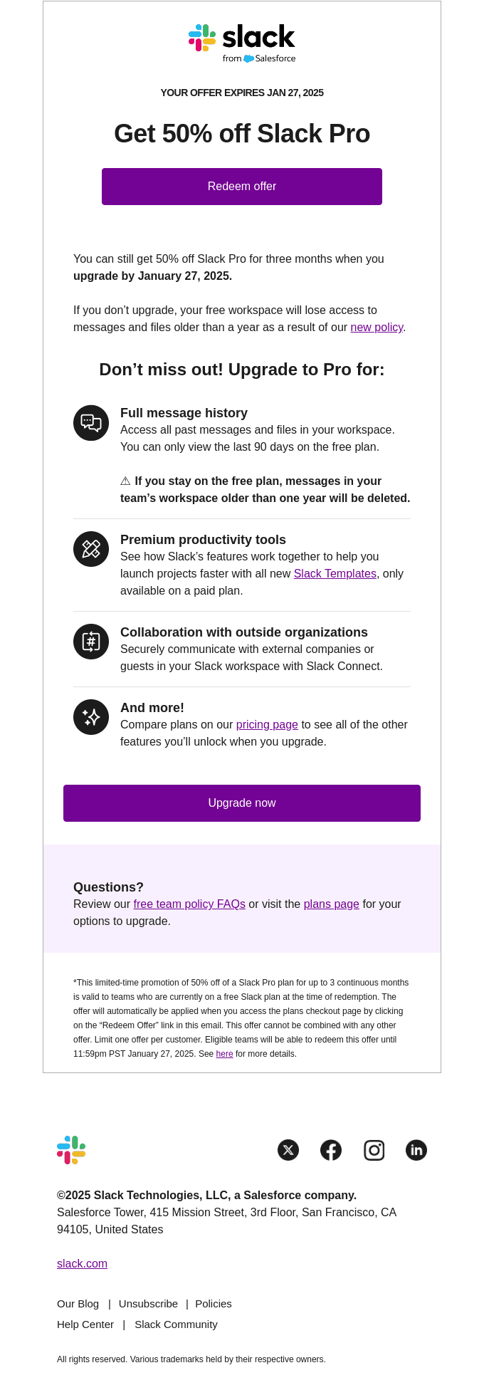 ⏳Your messages will be deleted soon! Upgrade with 50% off Slack Pro
