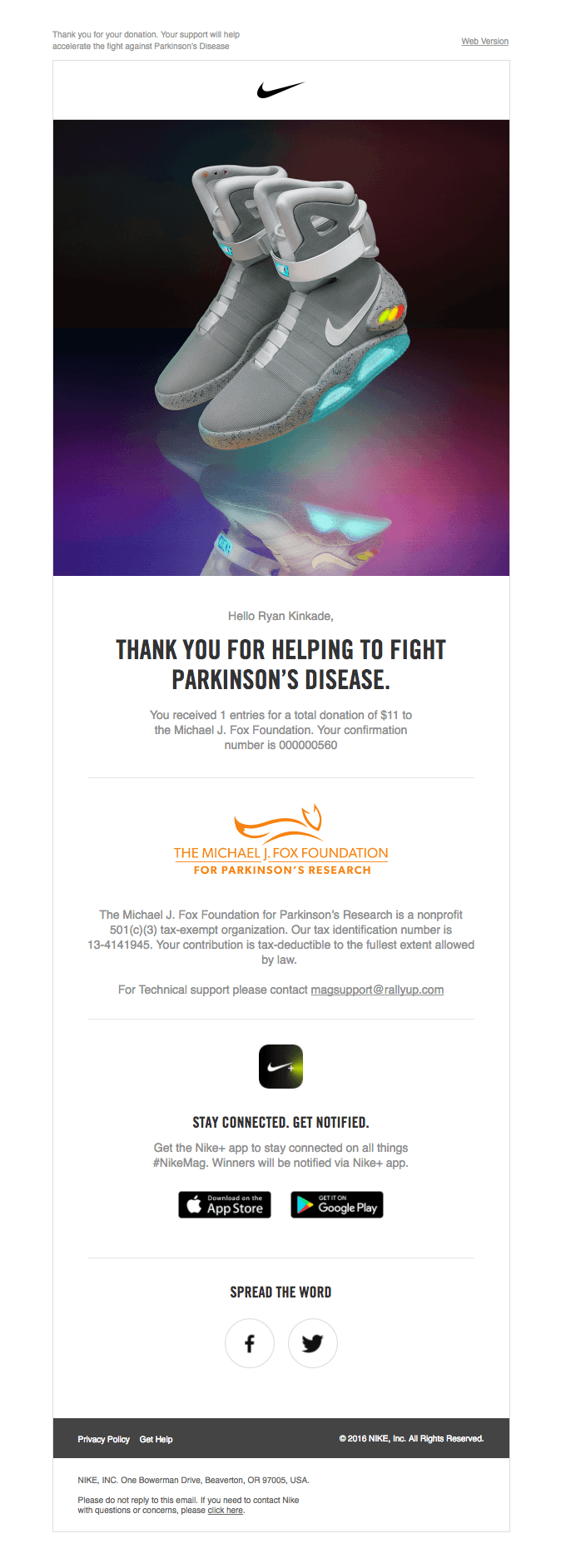 Your Michael J. Fox Foundation donation receipt