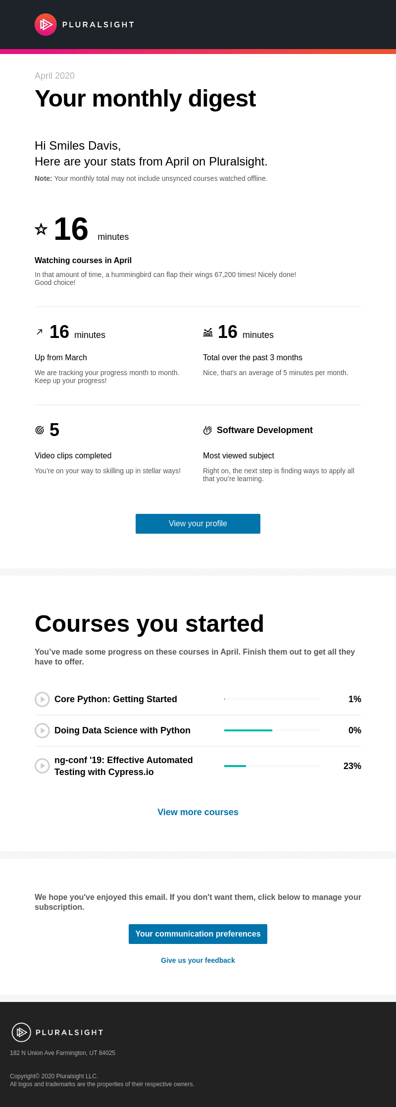 Your monthly Pluralsight usage statistics