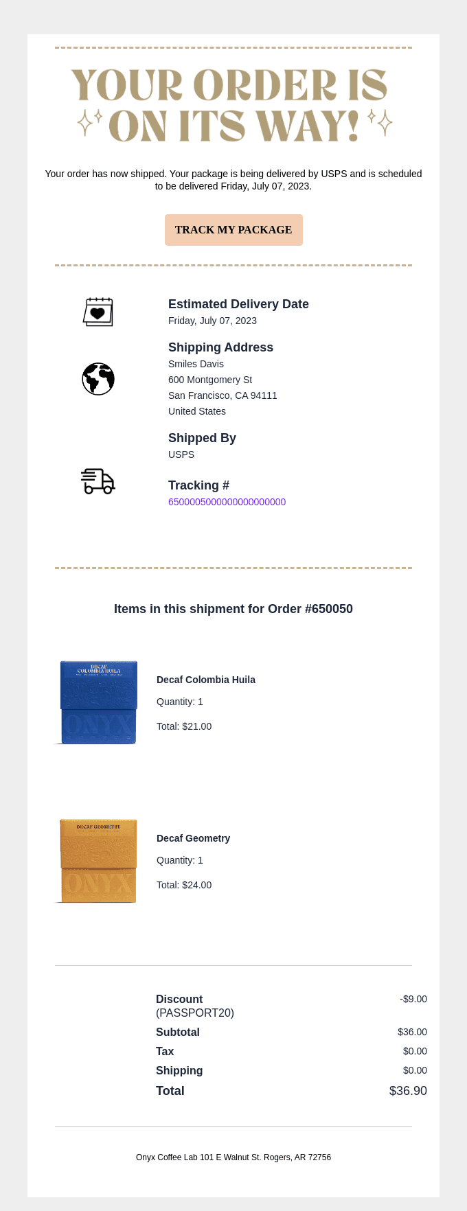 Your Onyx Coffee Lab Order #650050 just shipped!