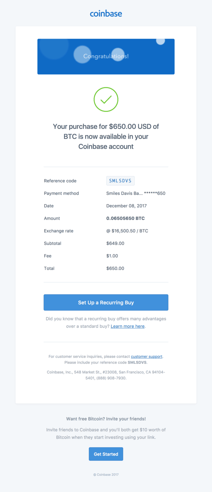 Your purchase for 650.00 USD of BTC is now available in your account