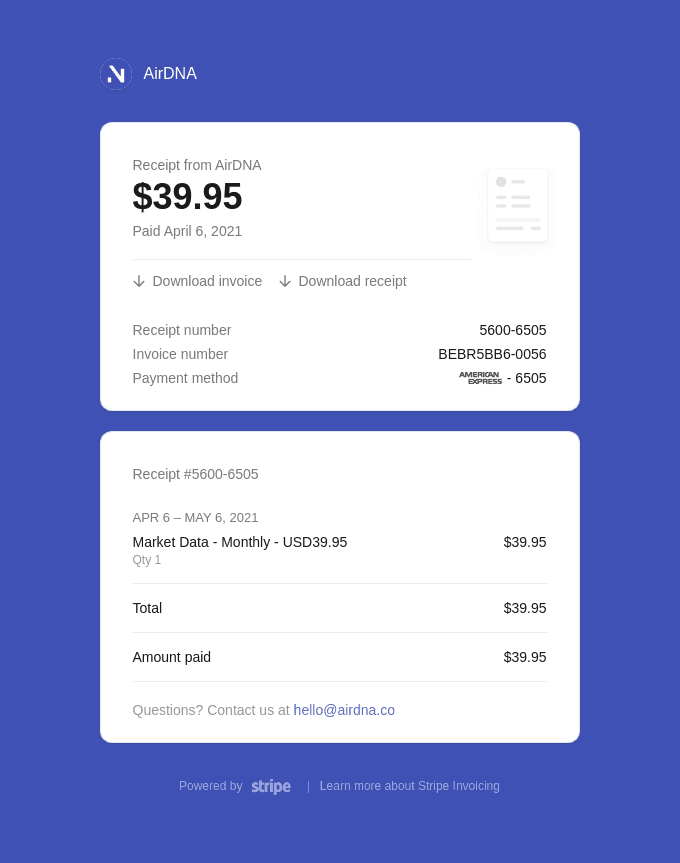 Your receipt from AirDNA #5600-6505