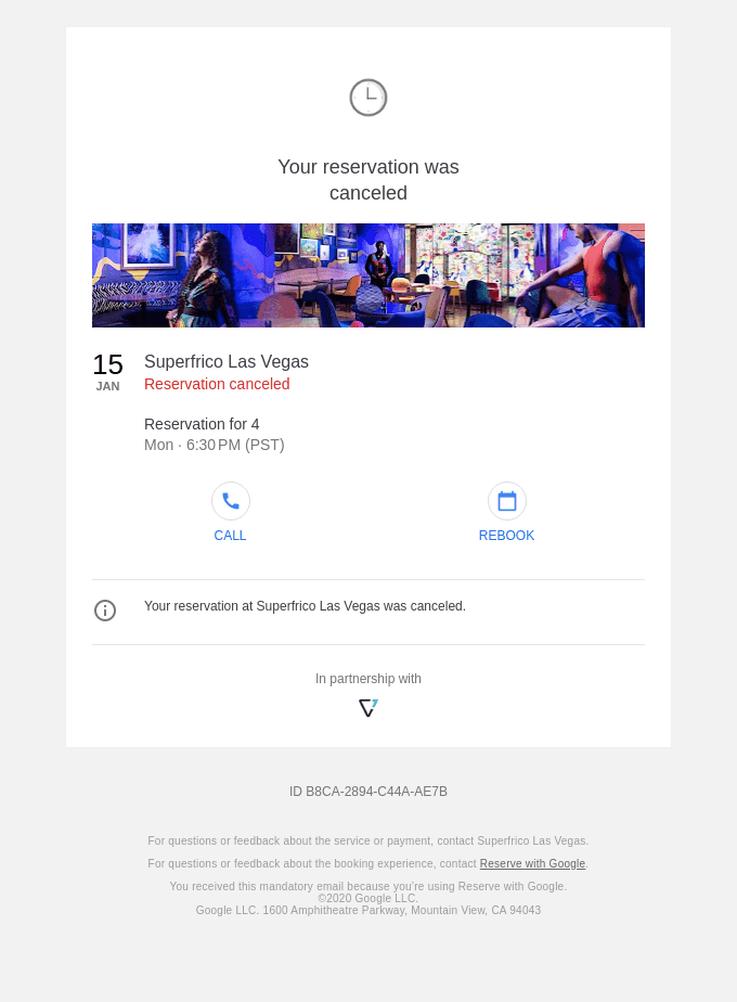 Your reservation at Superfrico Las Vegas is canceled