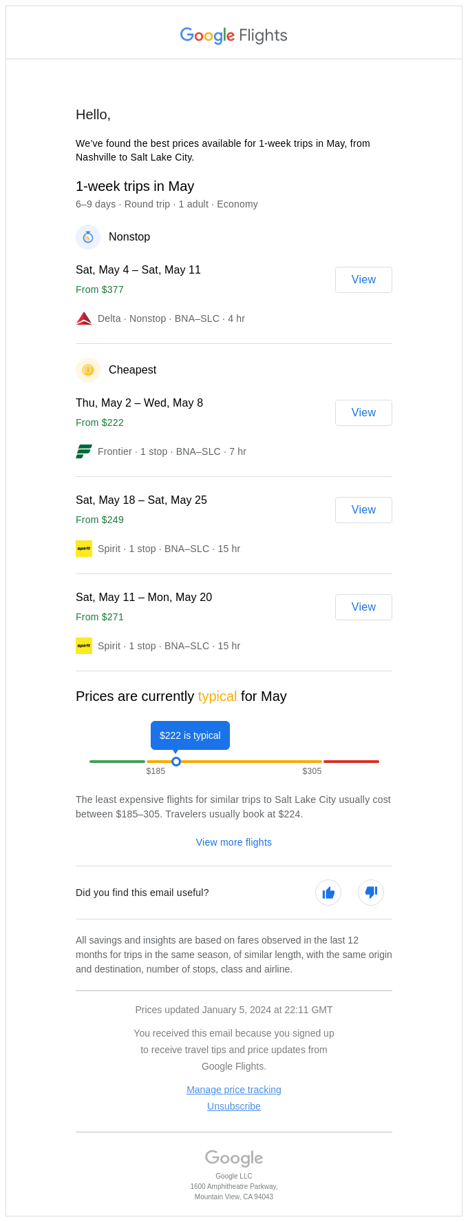 Your tracked route: Nashville to Salt Lake City flights from $222