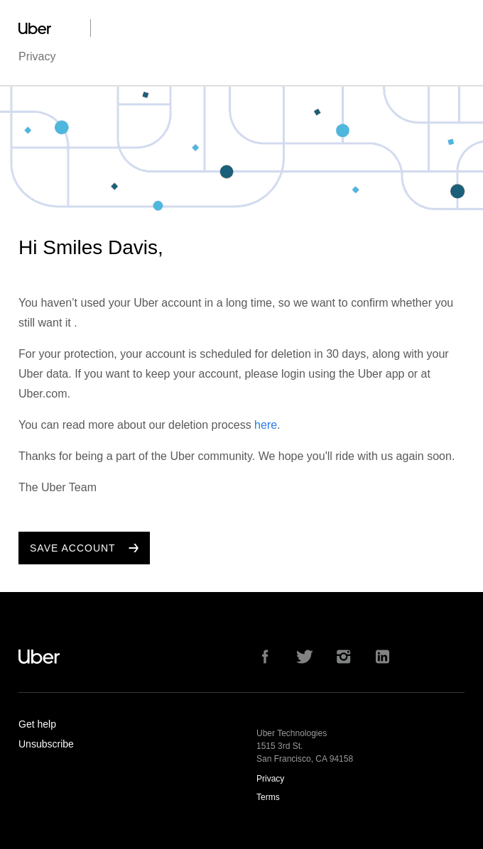 Your Uber account closes in 30 days unless you login