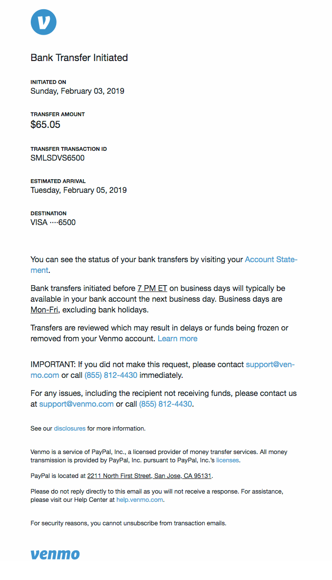 Your Venmo bank transfer has been initiated