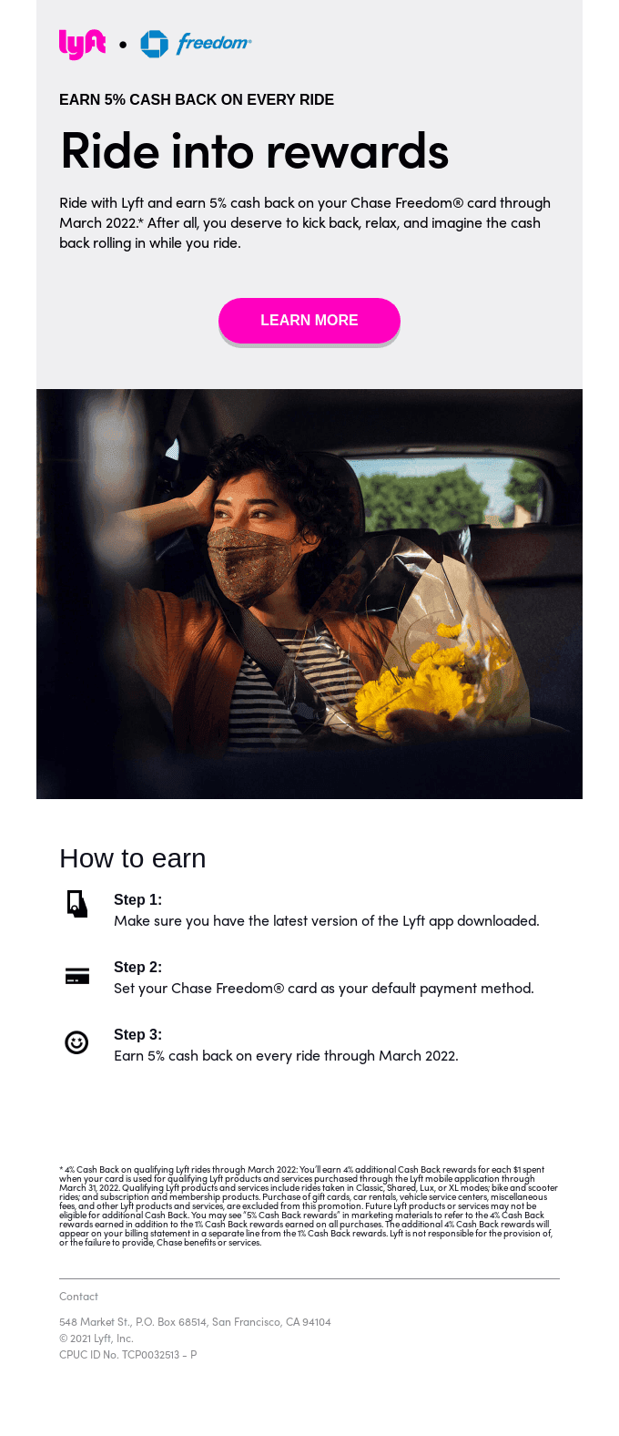 You're all set! Earn 5% cash back on rides