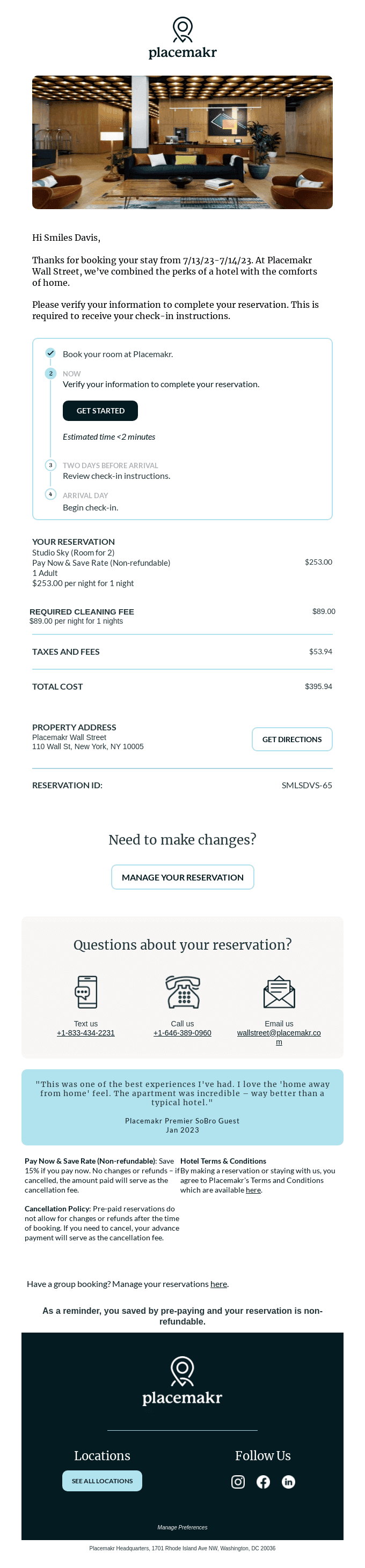 You’re in! Reservation SMLSDVS-65 Confirmed | Placemakr Wall Street