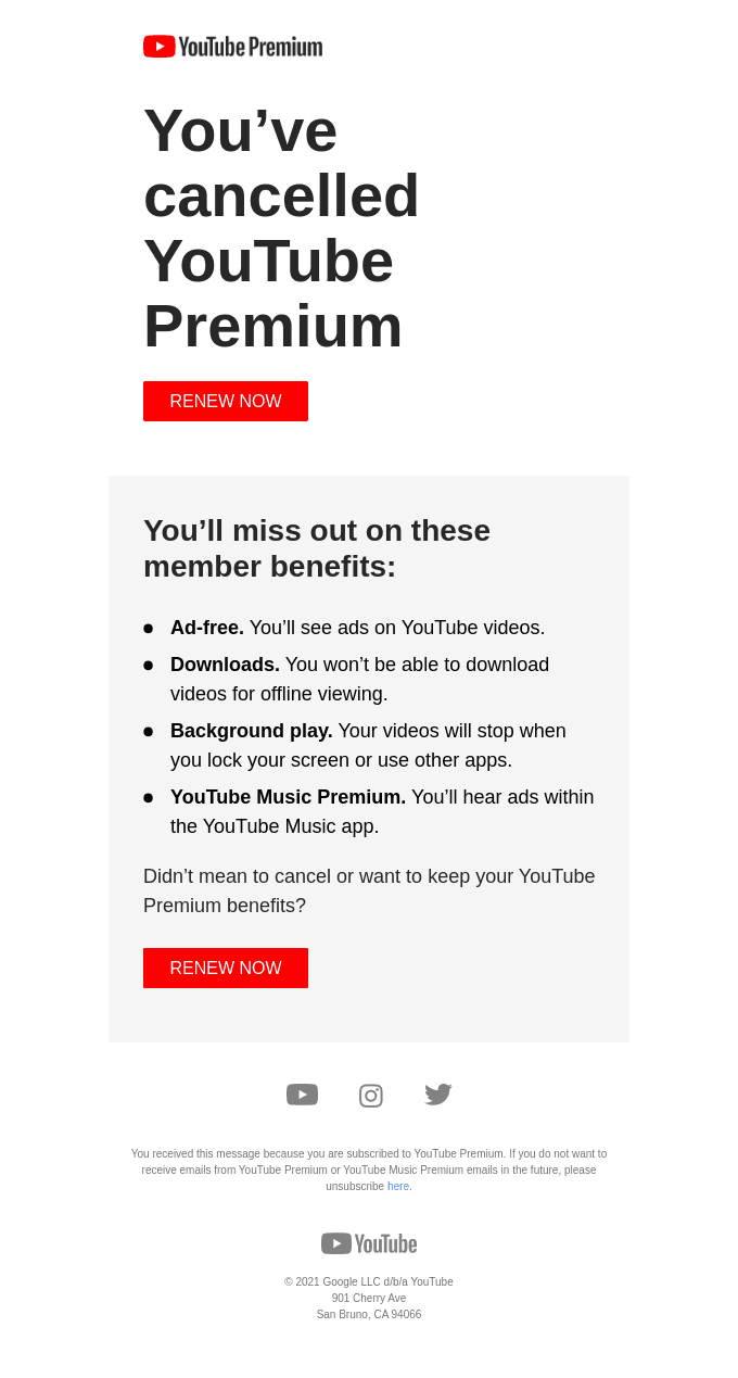 You've cancelled YouTube Premium – and will lose your member benefits.