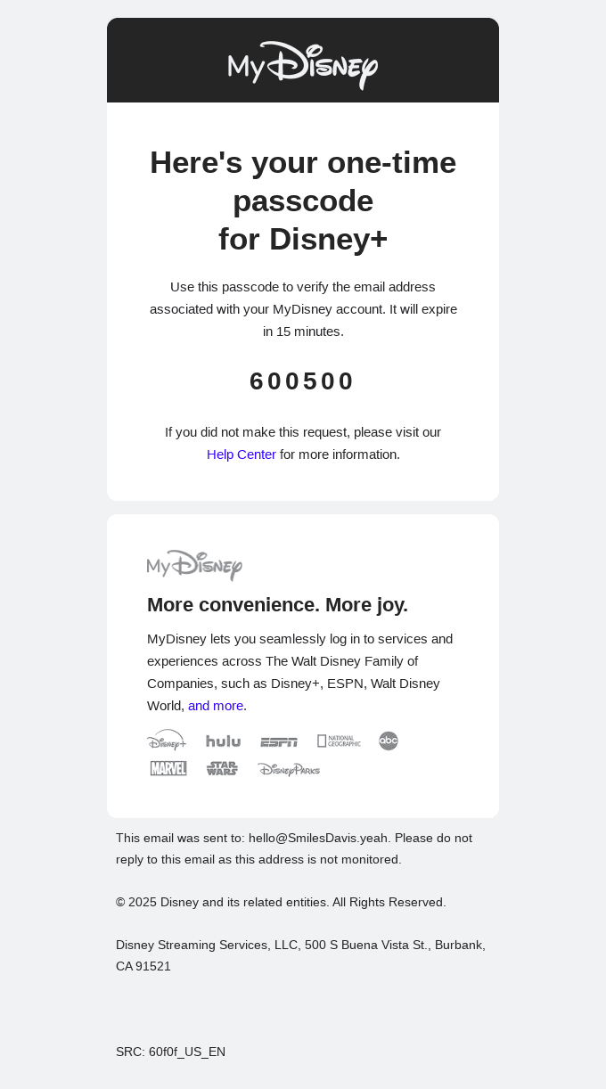 Your one-time passcode for Disney+ from Disney+ - Desktop Email View ...