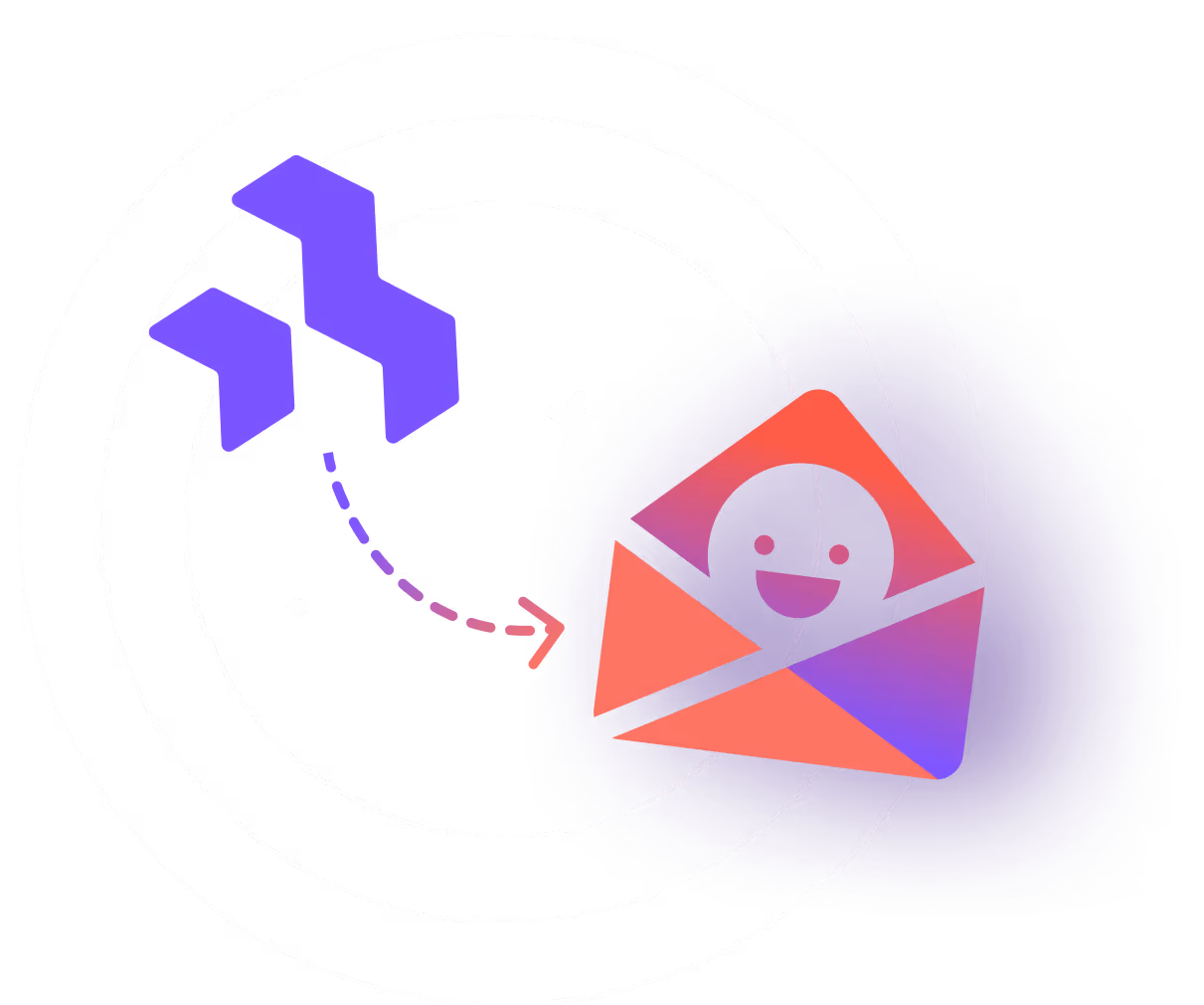 Stylized purple shapes on left with a dashed arrow pointing to a smiling face inside an orange and purple envelope on the right.