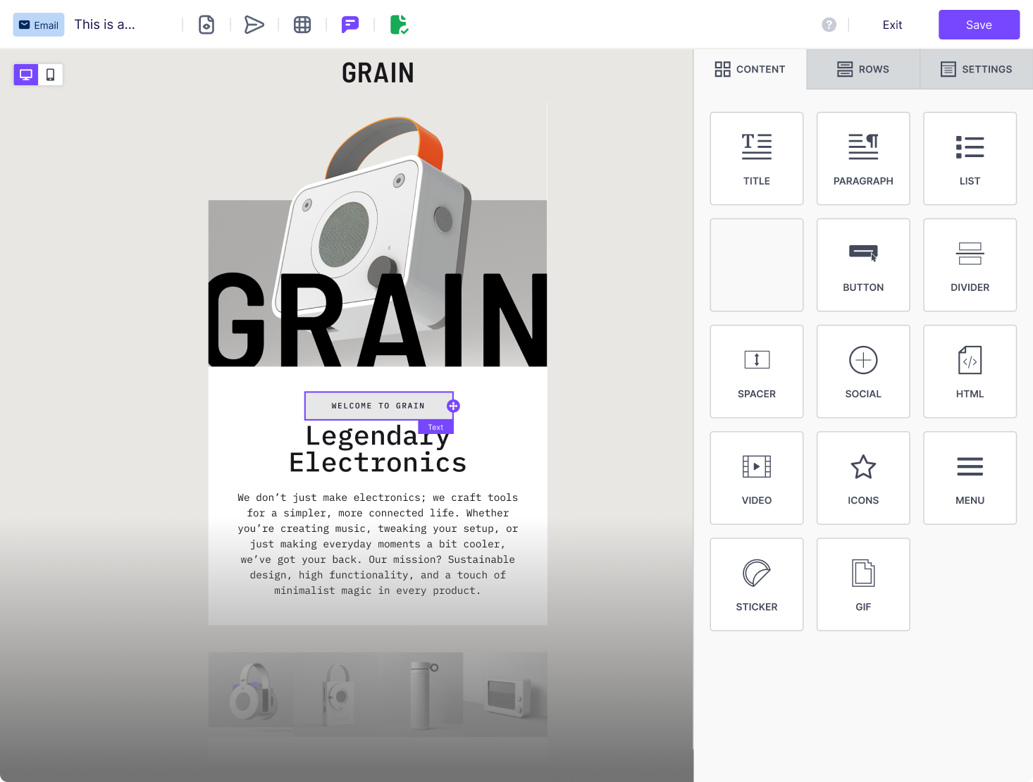 Email editor interface showing a Grain brand promotional email with text 'Legendary Electronics' and a white speaker image with orange handle.