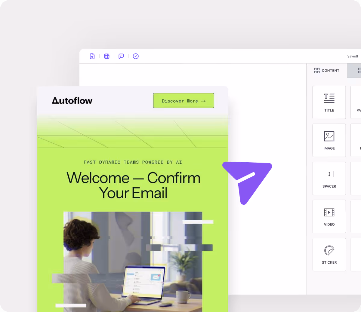User working on laptop displaying an Autoflow welcome and email confirmation screen with a bright green background and interface design elements on the right.